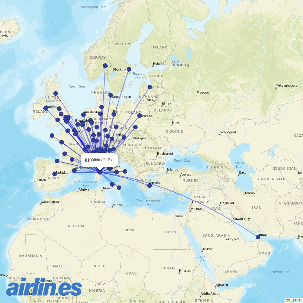Ryanair from Olbia Costa Smeralda Airport destination map