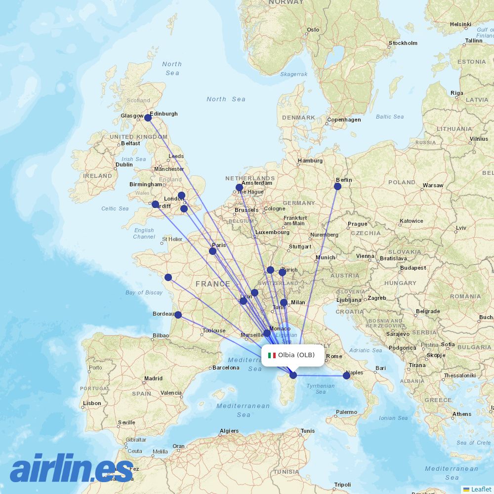 easyJet from Olbia Costa Smeralda Airport destination map