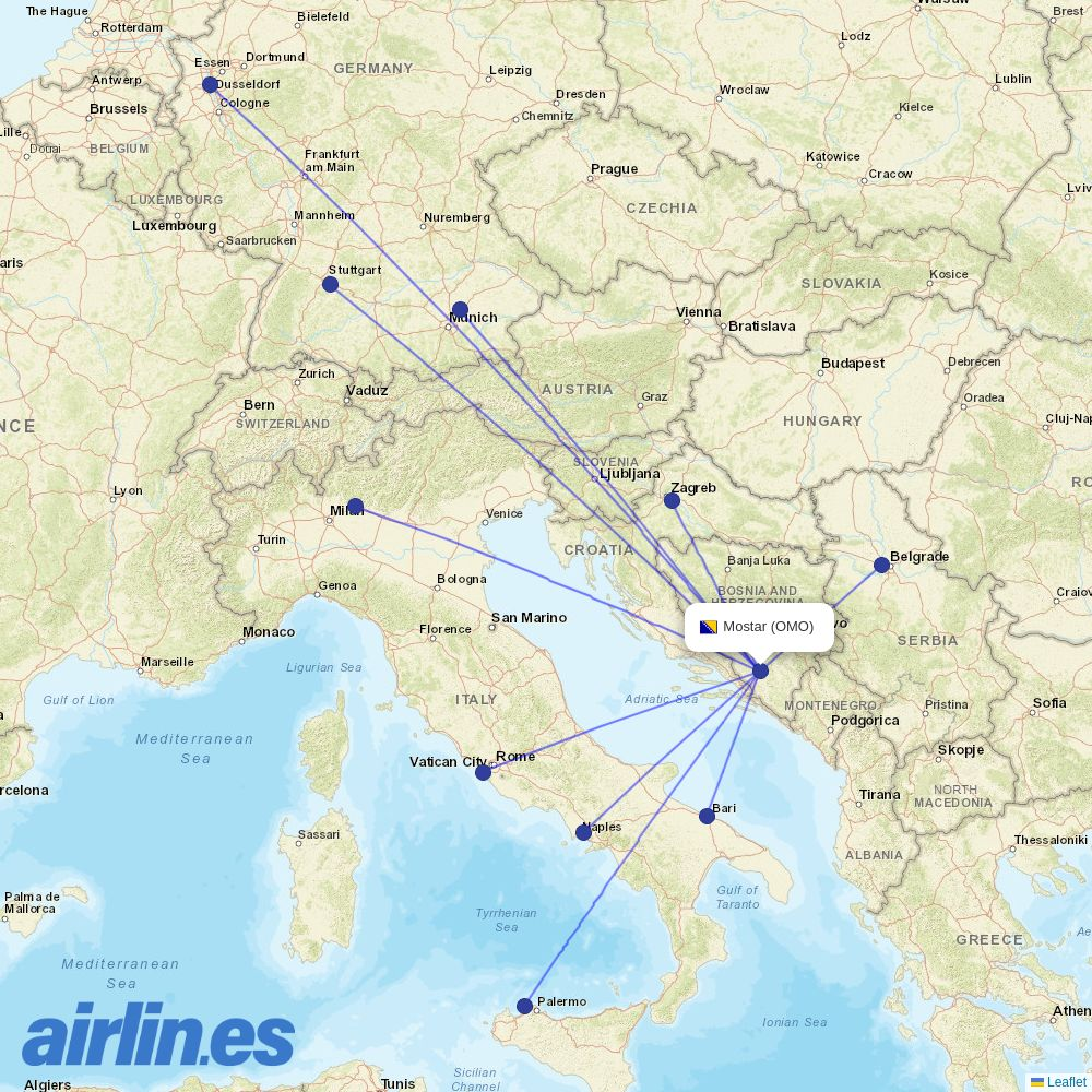 Croatia Airlines from Mostar destination map