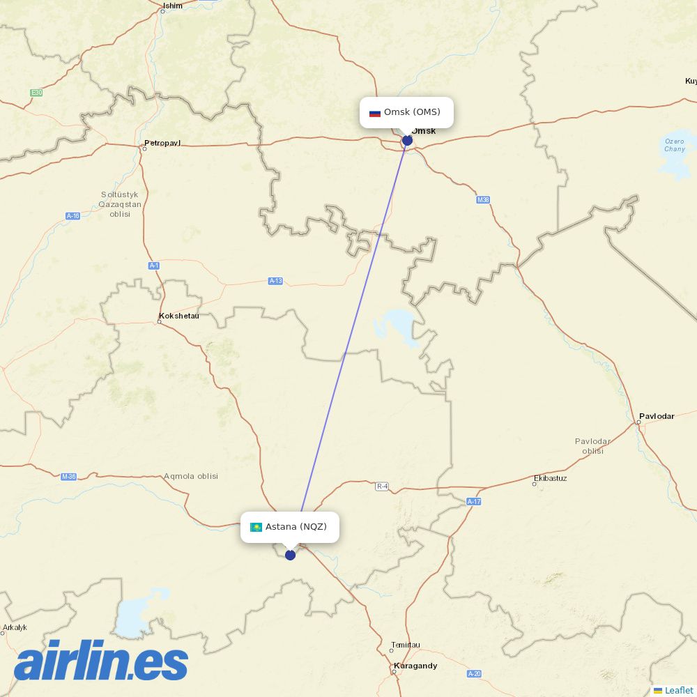 Qazaq Air at OMS route map