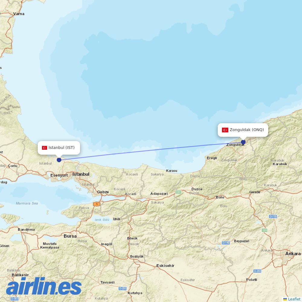 Turkish Airlines from Zonguldak destination map