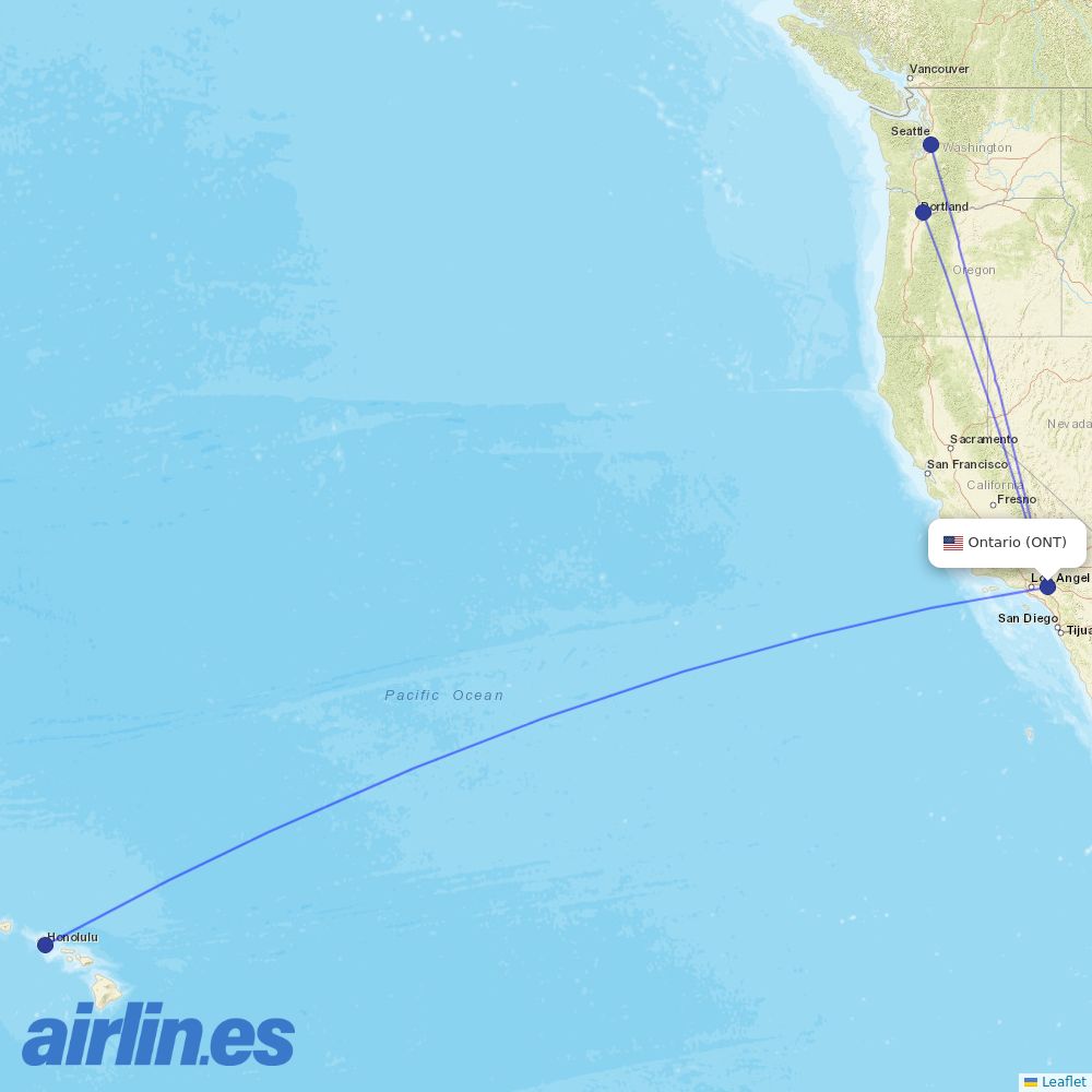 Alaska Airlines from Ontario International Airport destination map