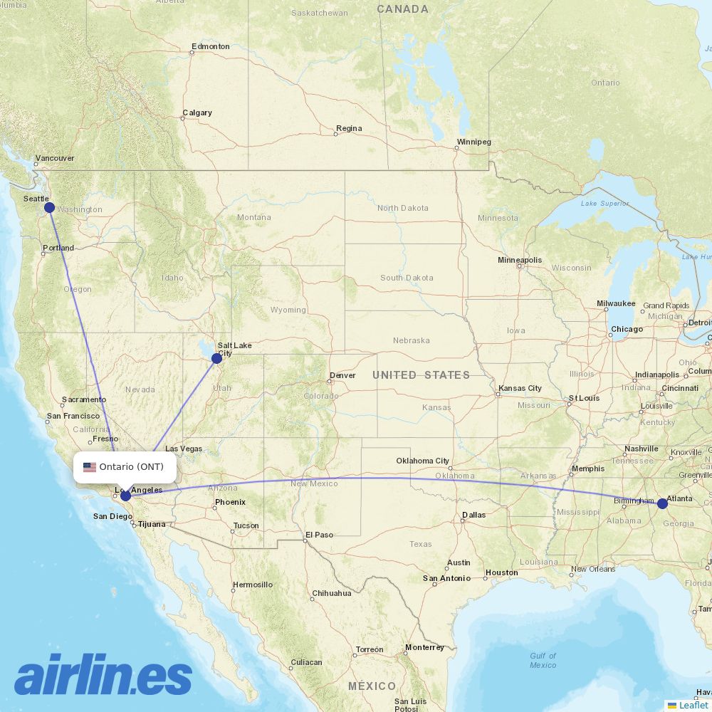 Delta Air Lines from Ontario International Airport destination map