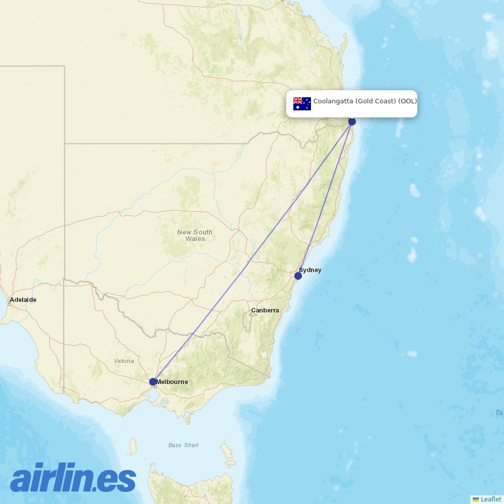 Qantas from Gold Coast Airport destination map