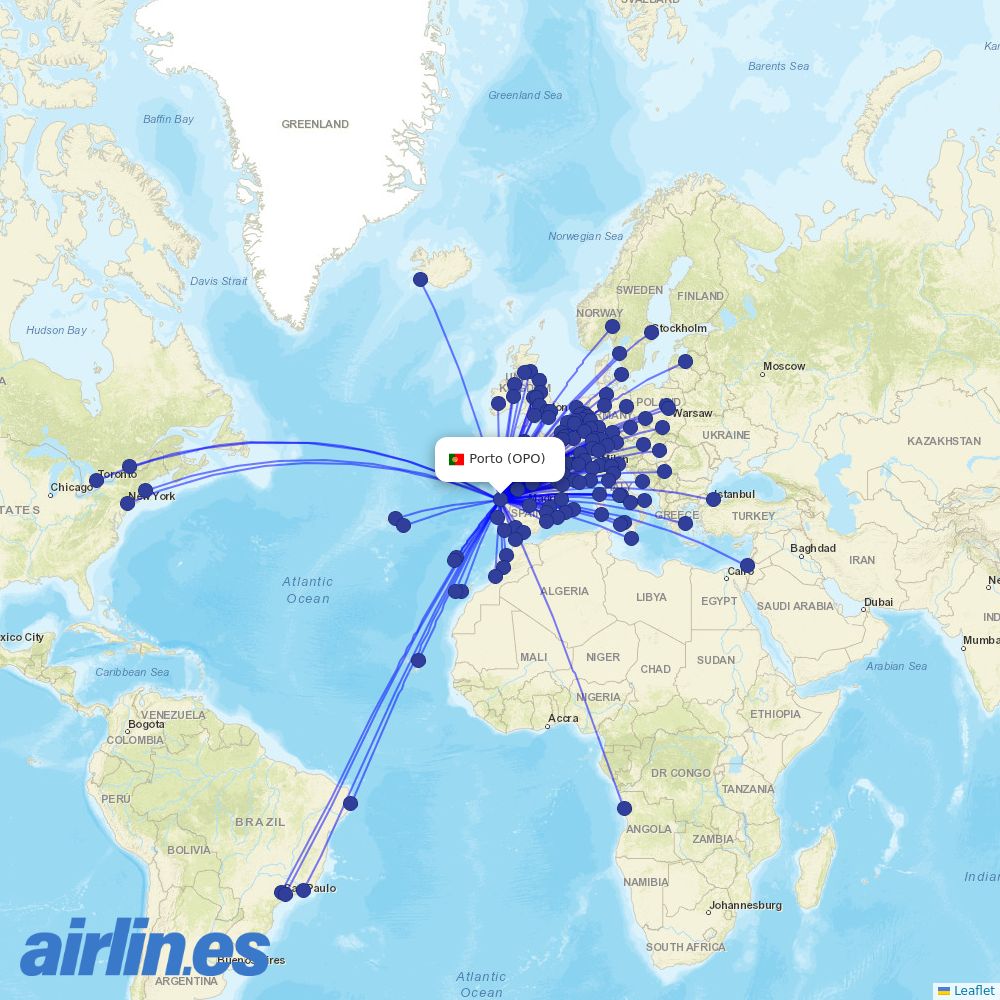 Ryanair from Porto Airport destination map
