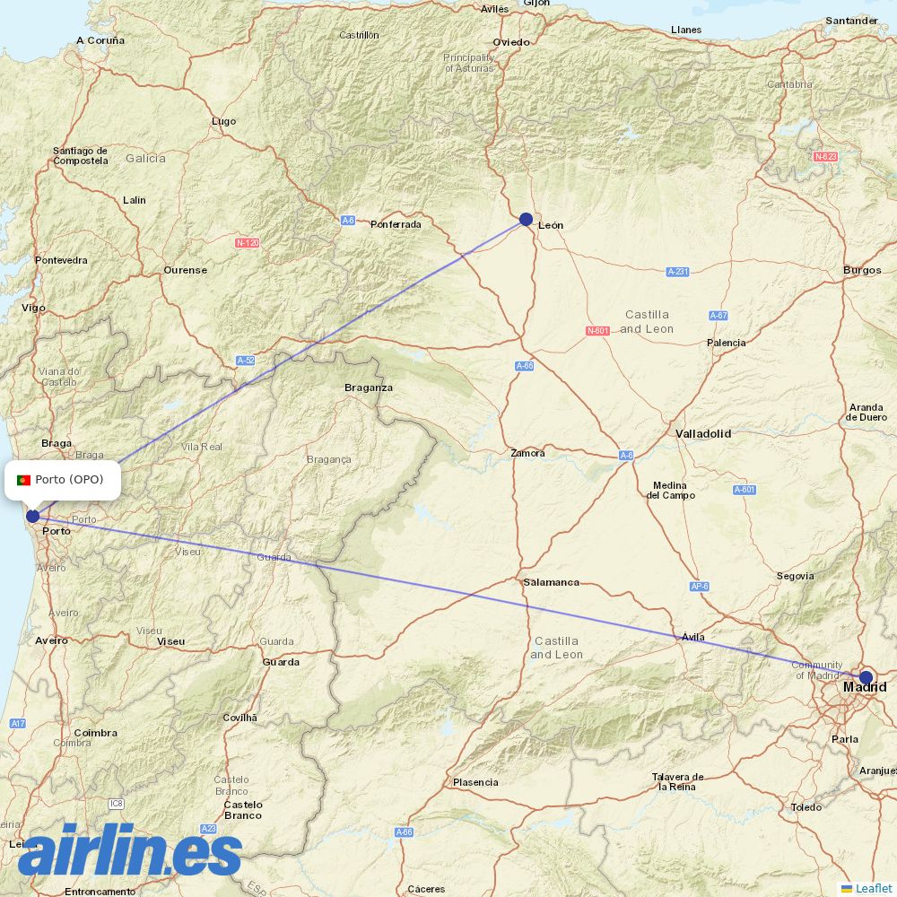 Iberia from Porto Airport destination map