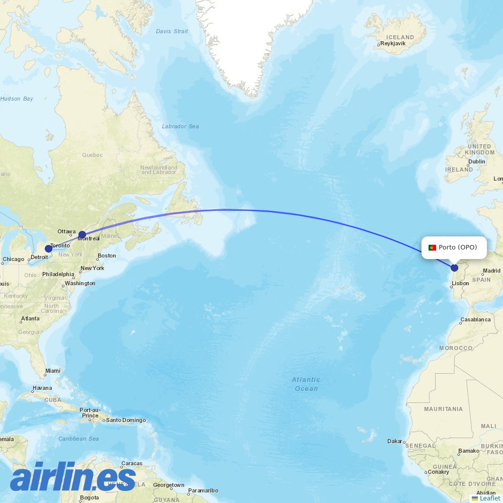 Air Transat at OPO route map