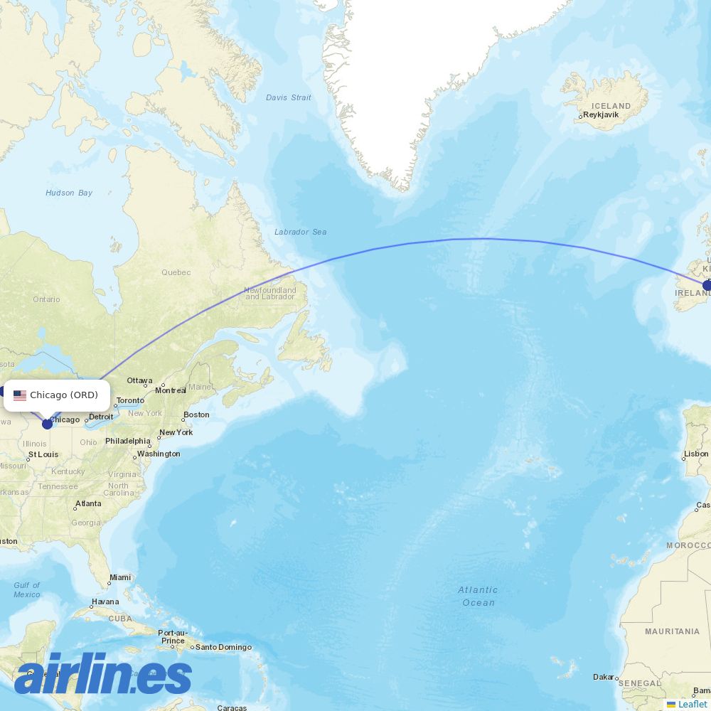 Aer Lingus from Chicago O Hare International destination map