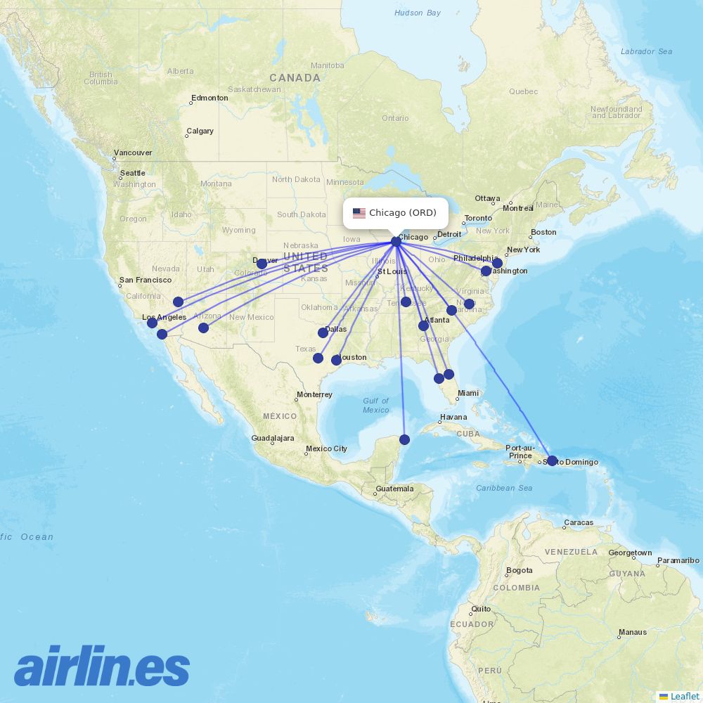 Frontier Airlines from Chicago O Hare International destination map