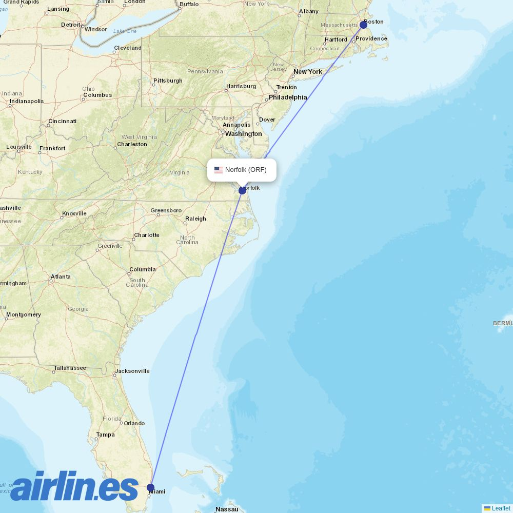 JetBlue Airways from Norfolk International destination map