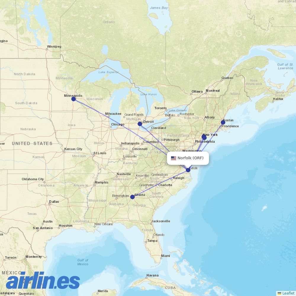Delta Air Lines from Norfolk International destination map