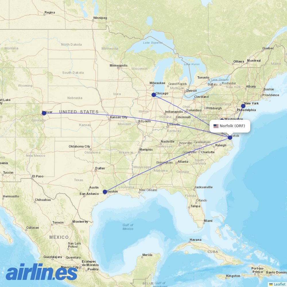 United Airlines from Norfolk International destination map