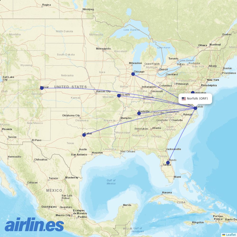 Southwest Airlines from Norfolk International destination map