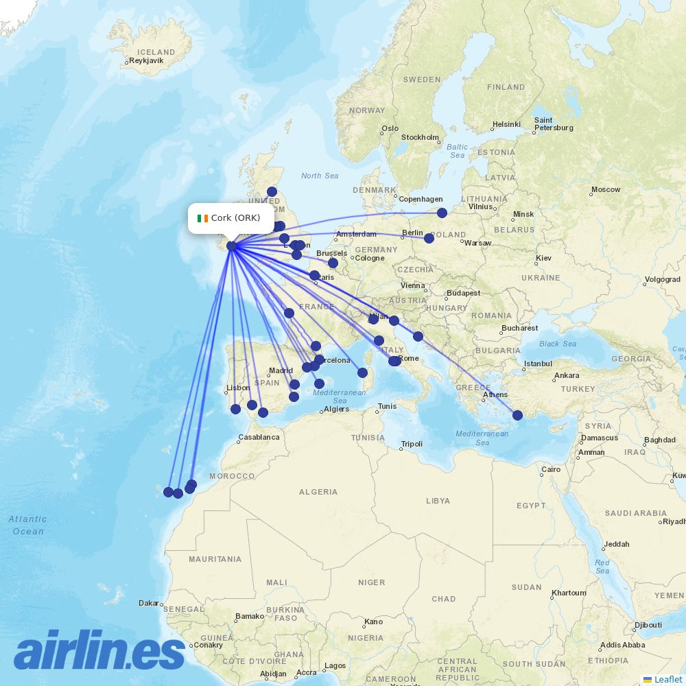 Ryanair from Cork destination map