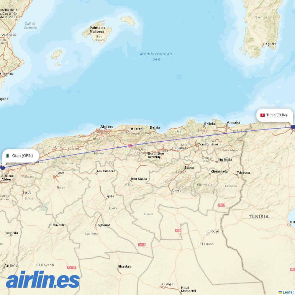 Nouvelair Tunisie from Es Senia destination map