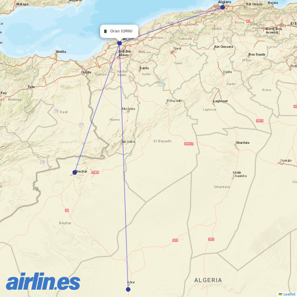 Tassili Airlines from Es Senia destination map