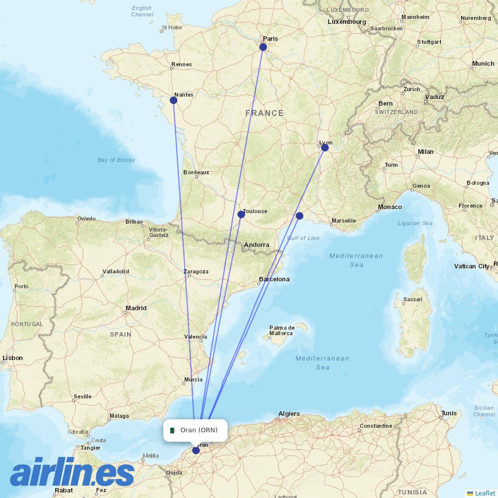 Transavia France from Es Senia destination map