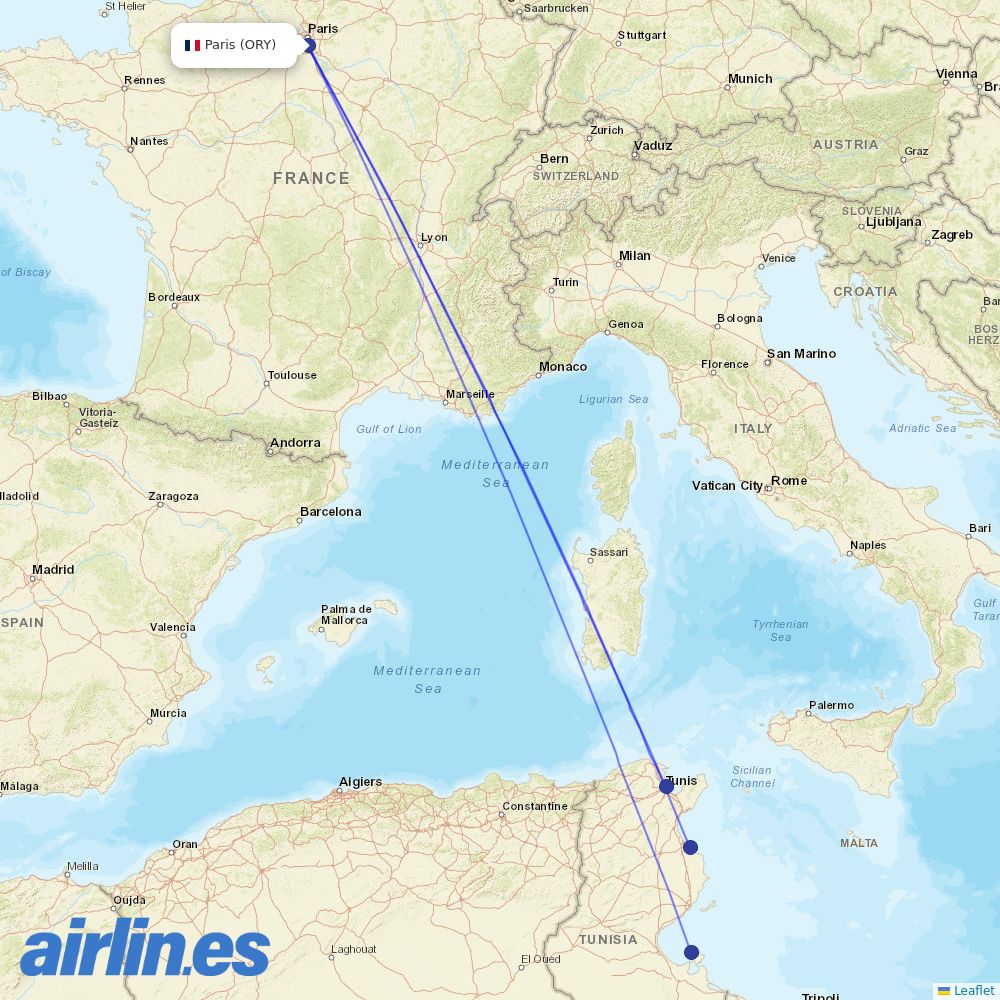 Tunisair at ORY route map