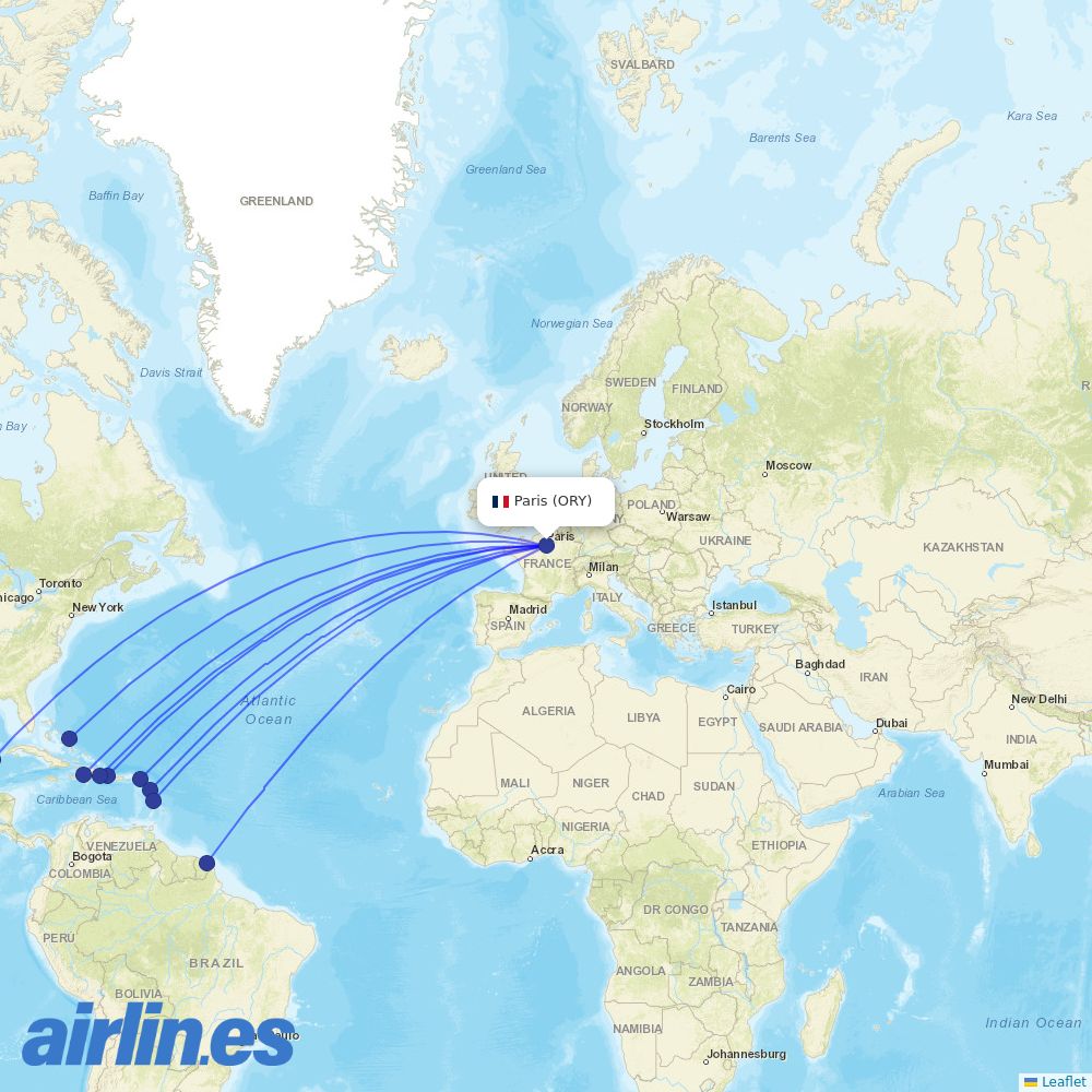 Air Caraibes from Orly Airport destination map