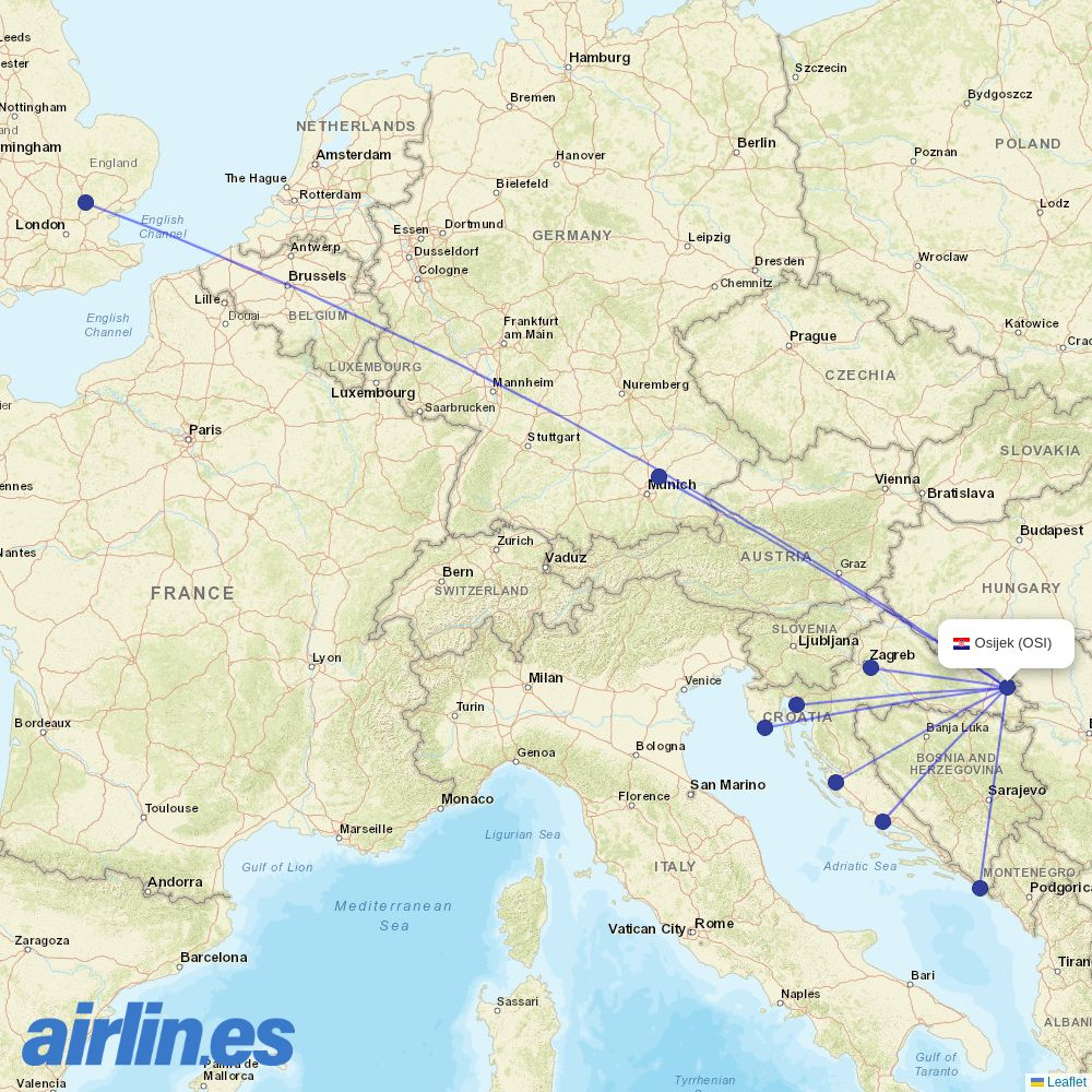 Ryanair from Osijek destination map