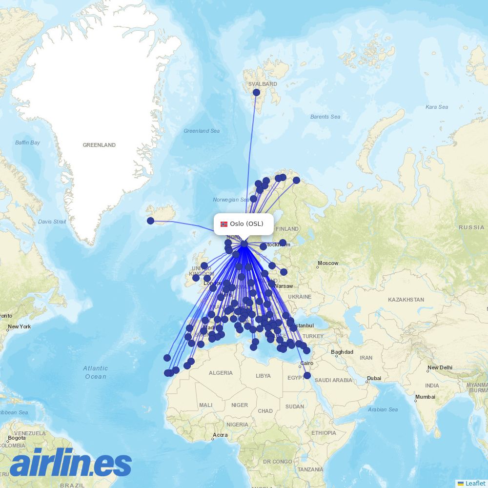 Norwegian Air Shuttle from Oslo Gardermoen Airport destination map