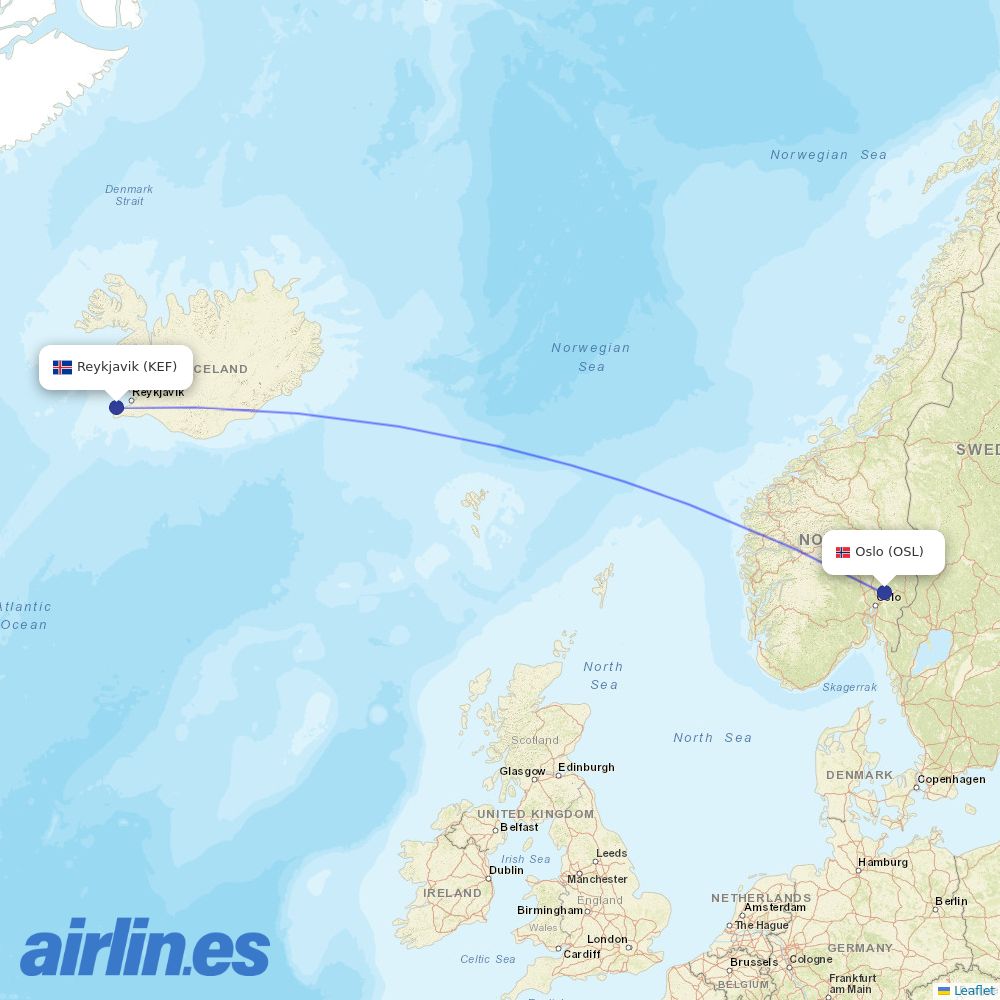 Icelandair from Oslo Gardermoen Airport destination map