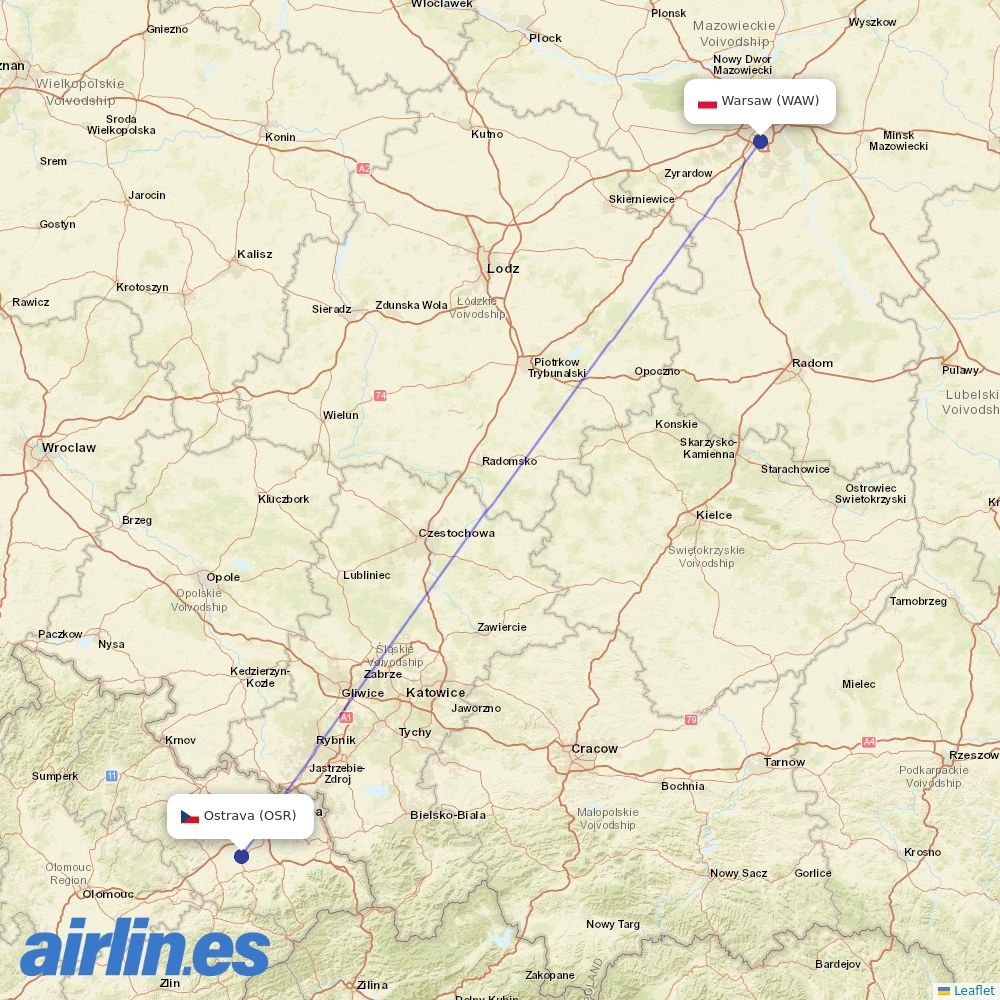 LOT - Polish Airlines from Mosnov destination map