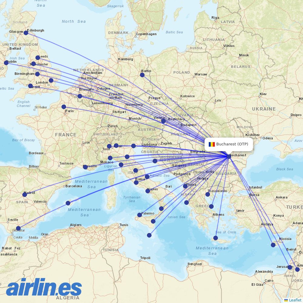 Ryanair from Henri Coandă International Airport destination map