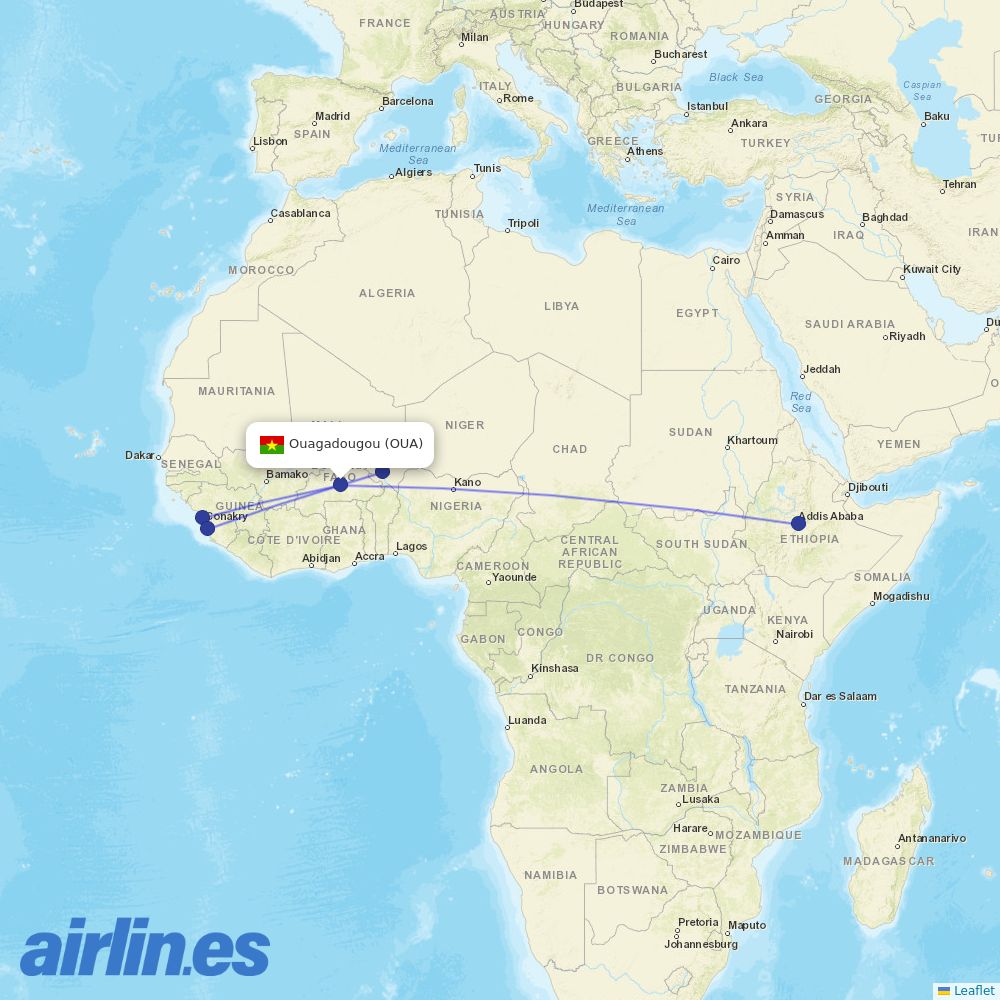 Ethiopian Airlines from Ouagadougou destination map