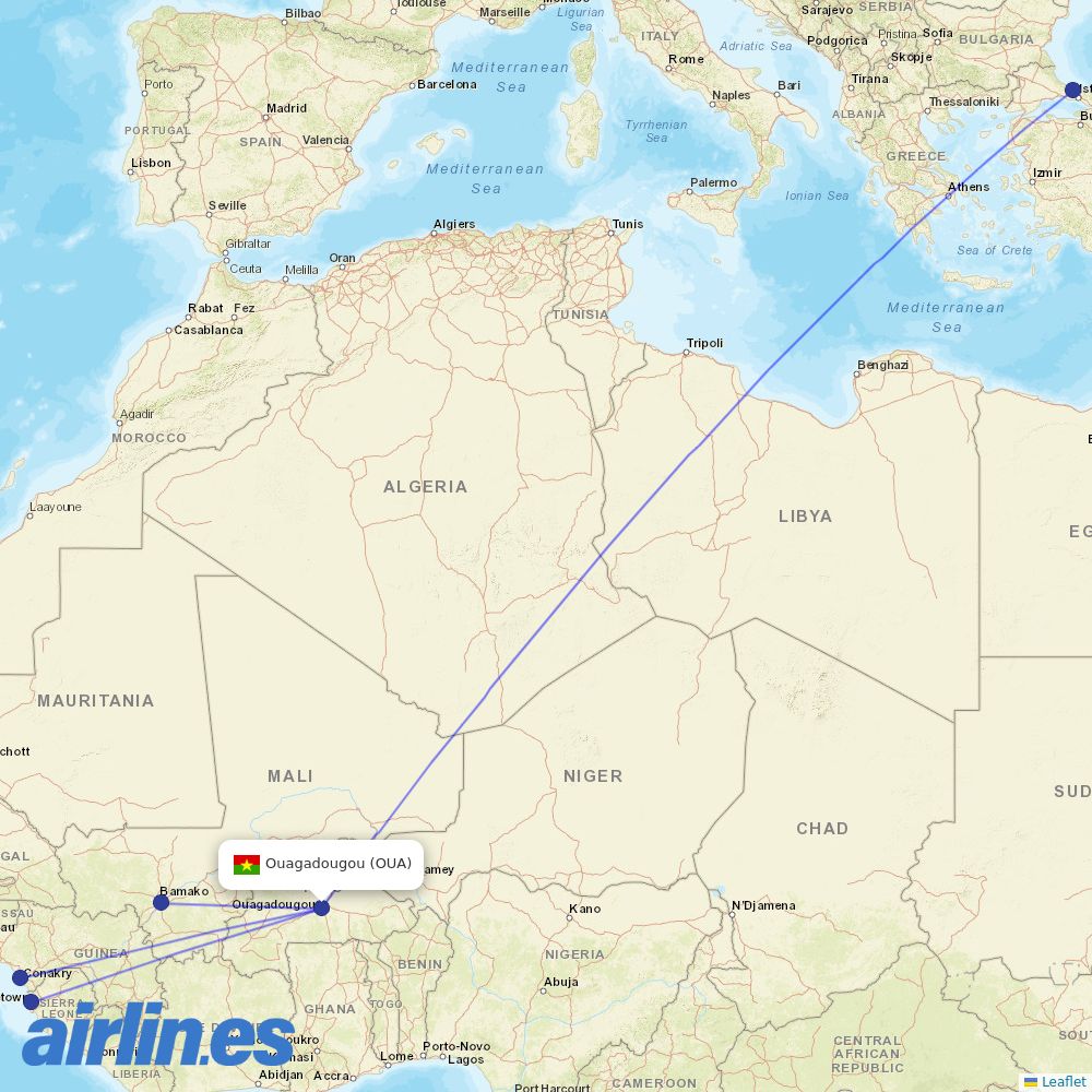 Turkish Airlines from Ouagadougou destination map