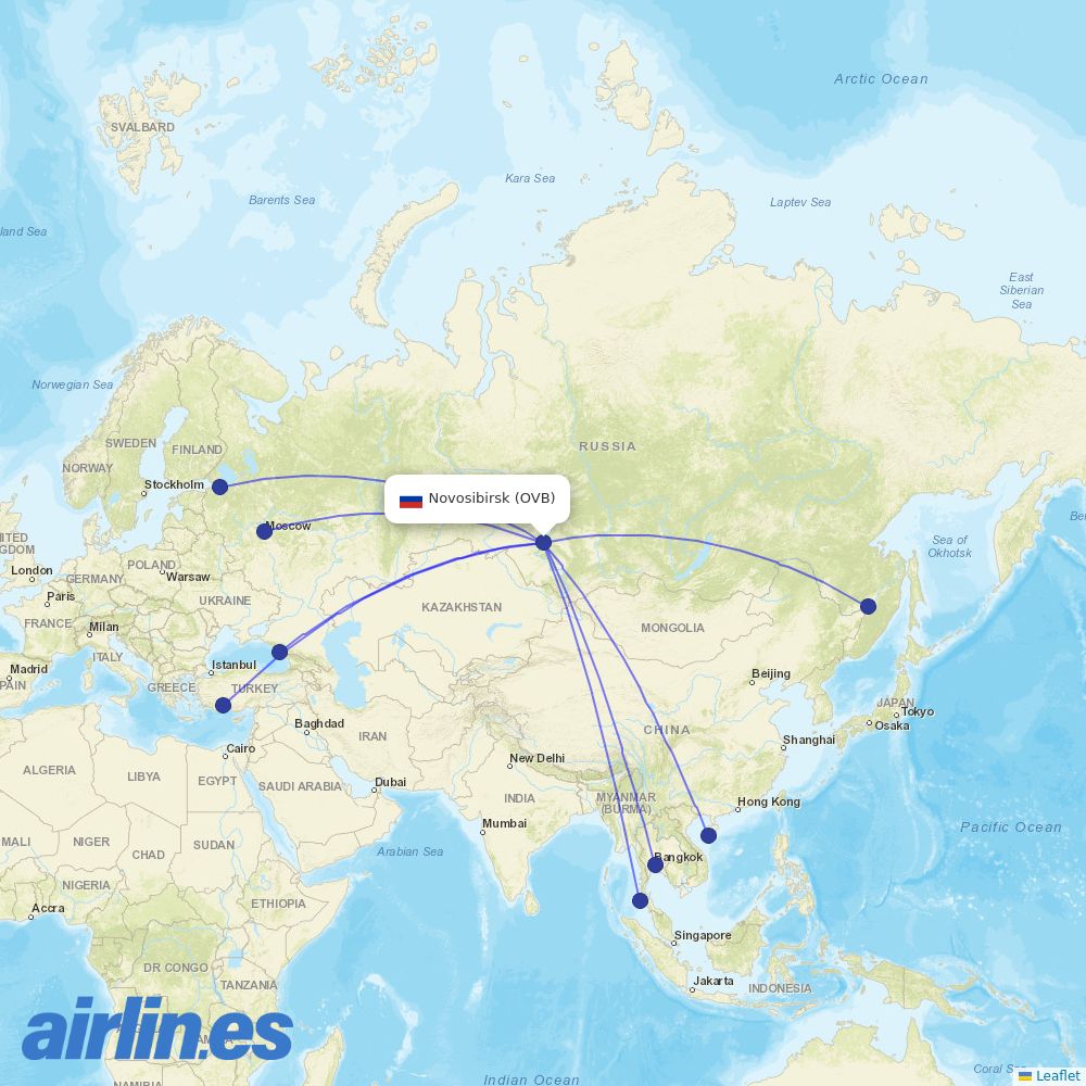 Aeroflot from Tolmachevo Airport destination map