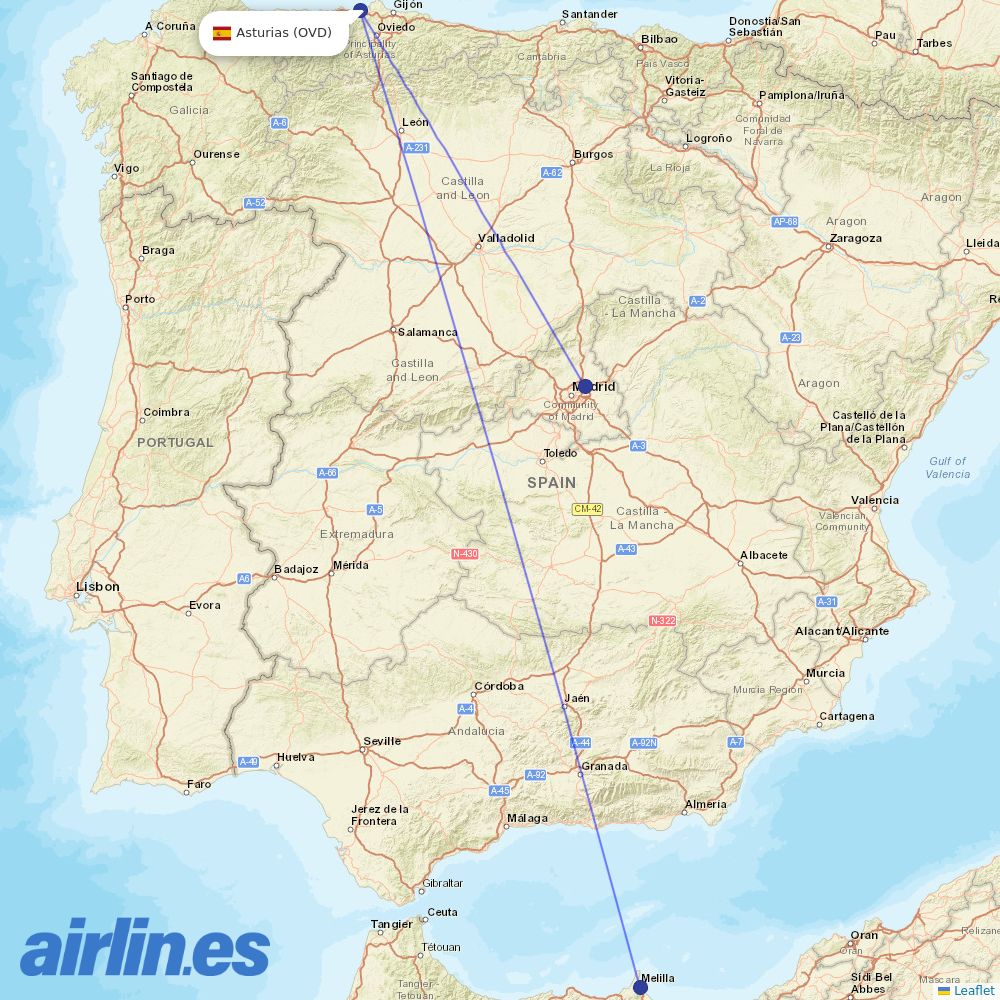 Iberia from Asturias destination map