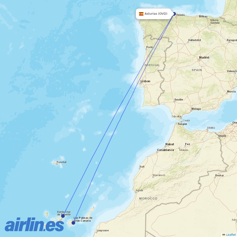 Binter Canarias from Asturias destination map