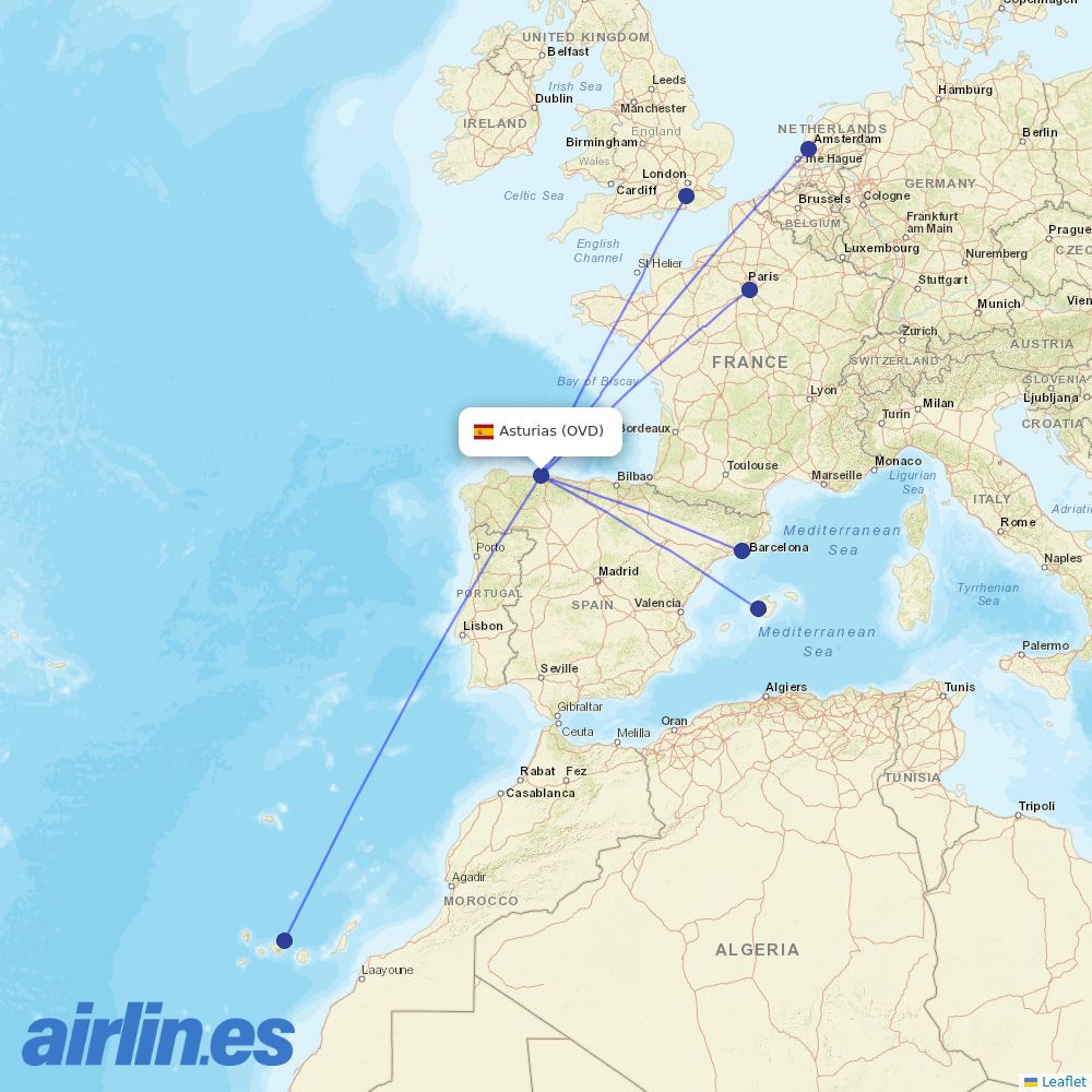 Vueling from Asturias destination map