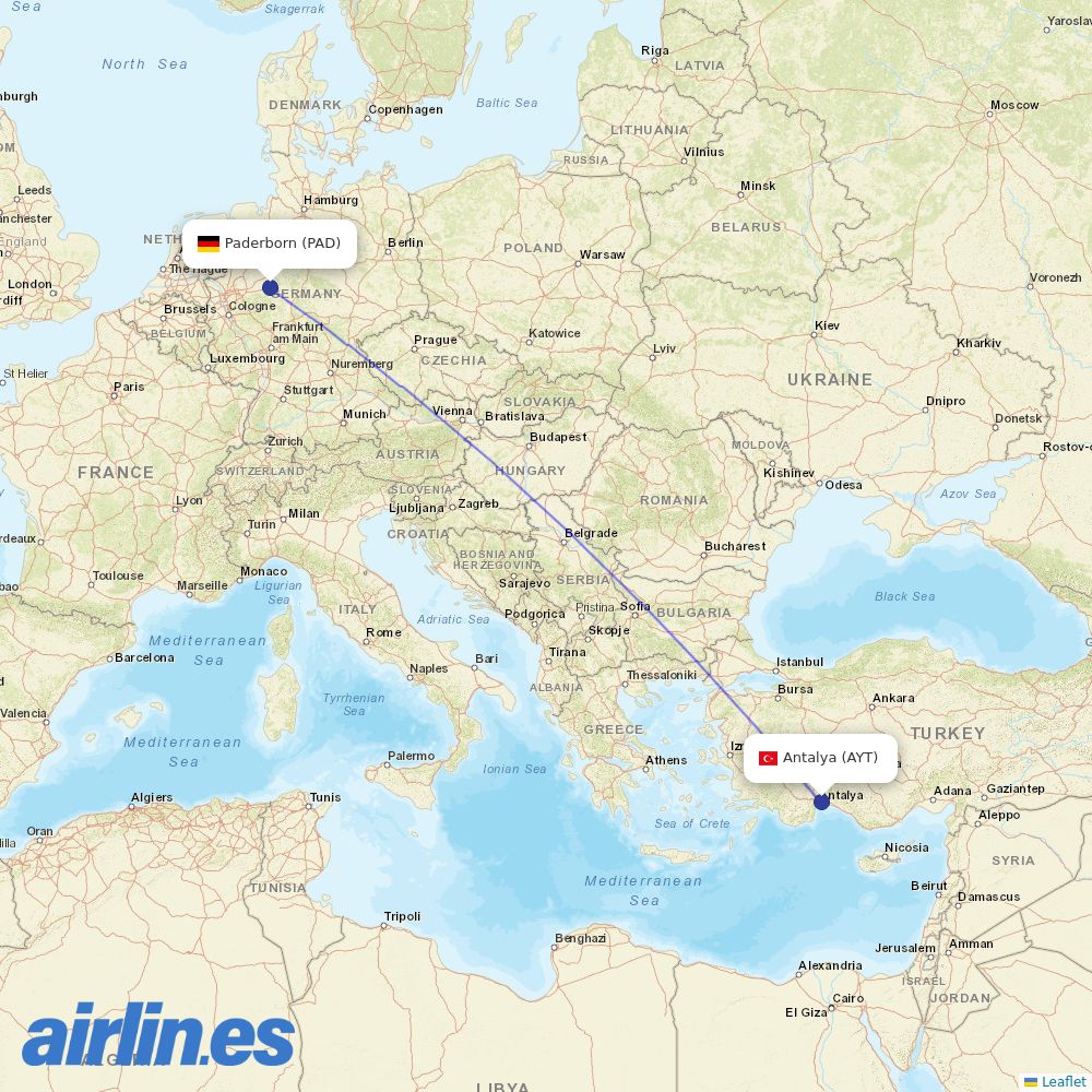 SunExpress from Paderborn Lippstadt destination map
