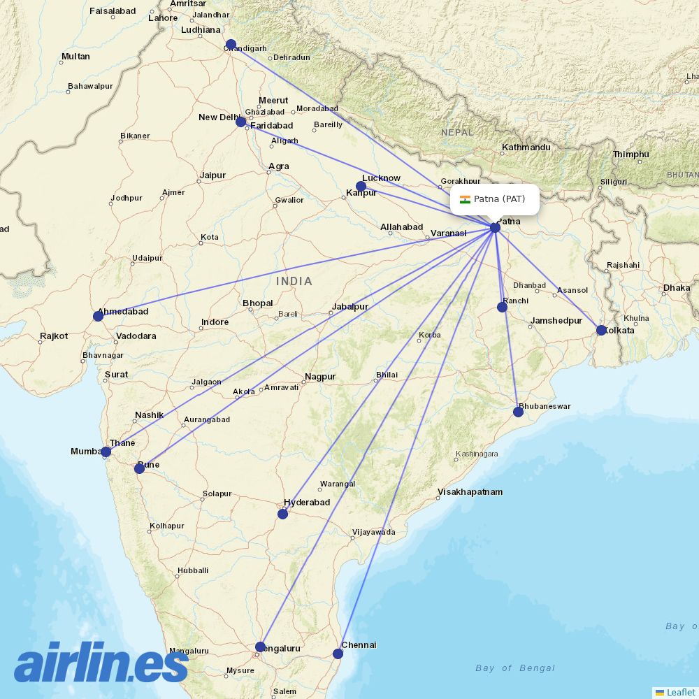 IndiGo from Patna destination map