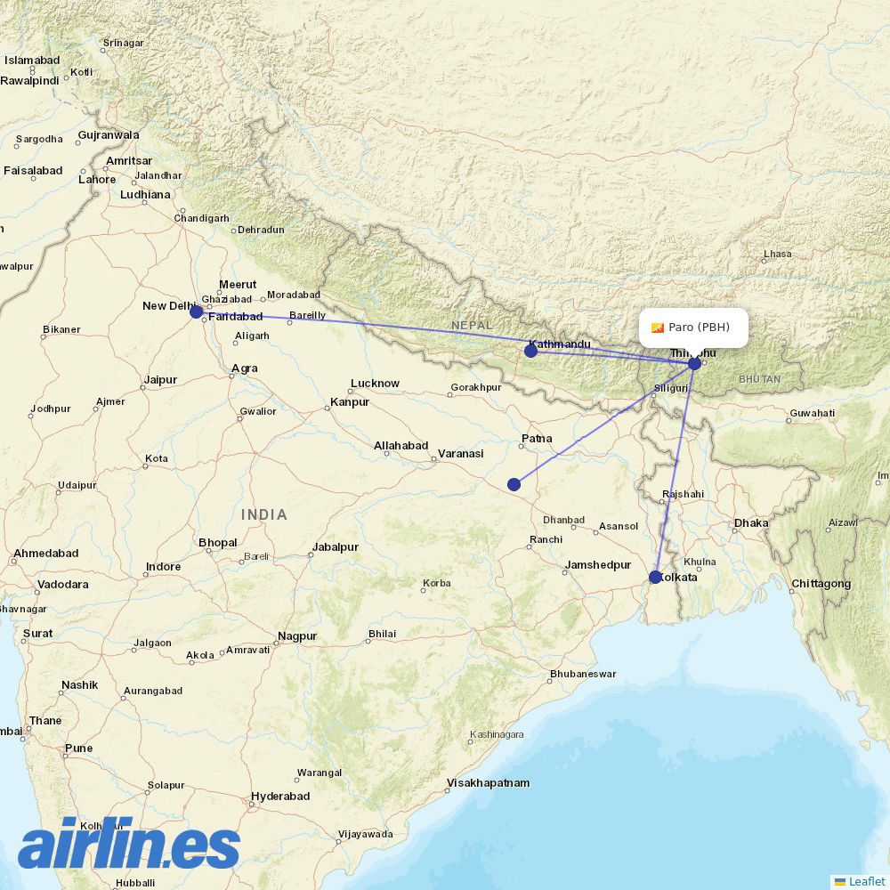 Bhutan Airlines from Paro destination map