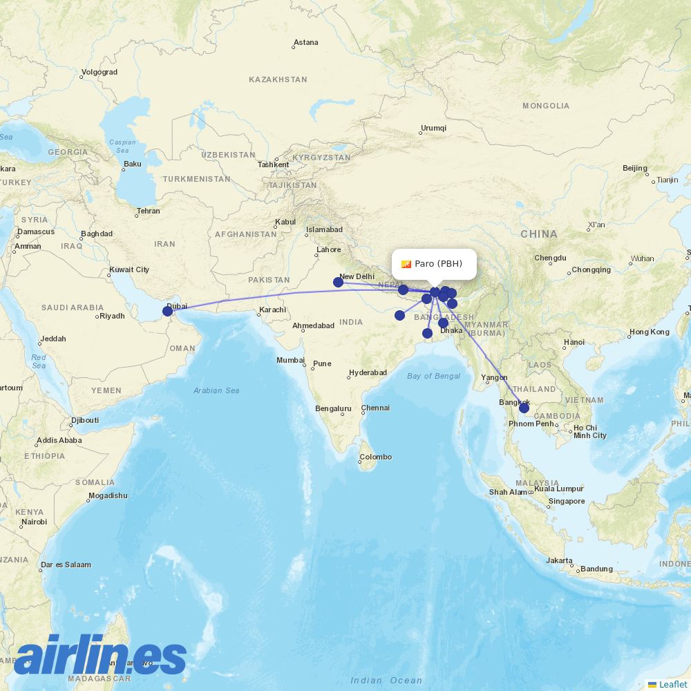 Drukair at PBH route map
