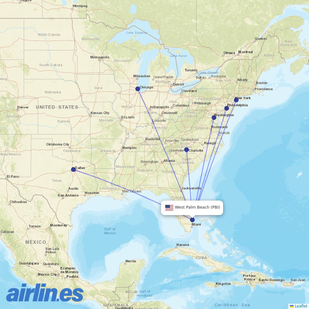 American Airlines from Palm Beach International destination map