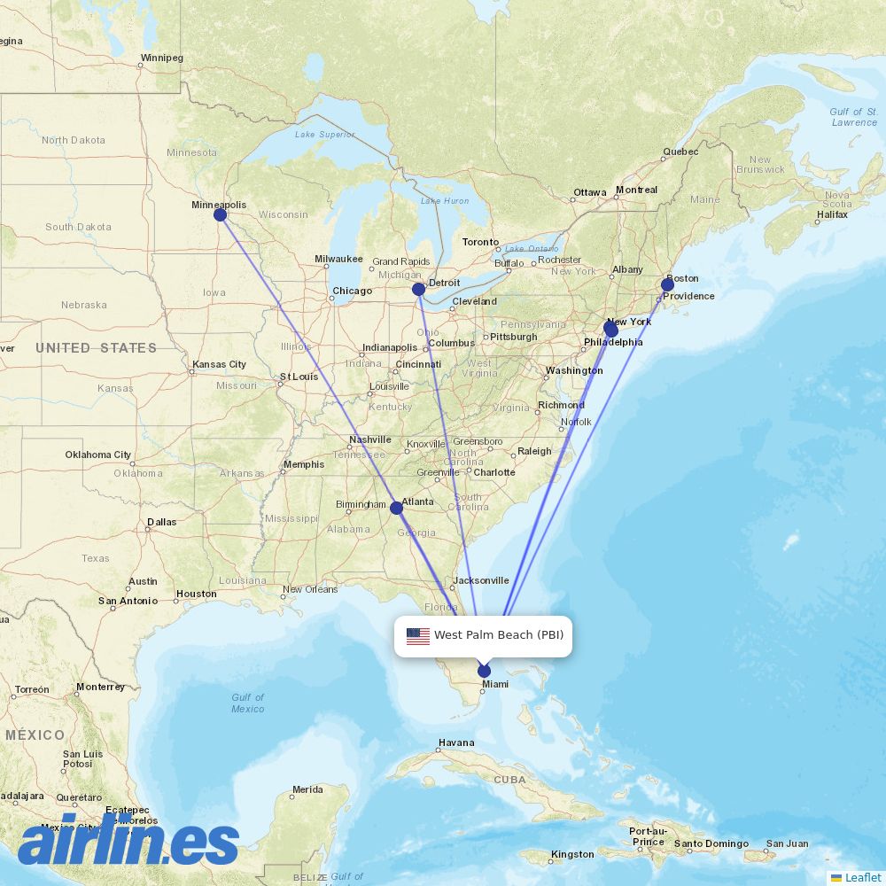 Delta Air Lines from Palm Beach International destination map