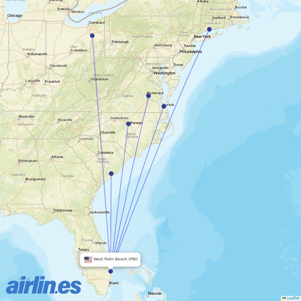 Breeze Airways from Palm Beach International destination map