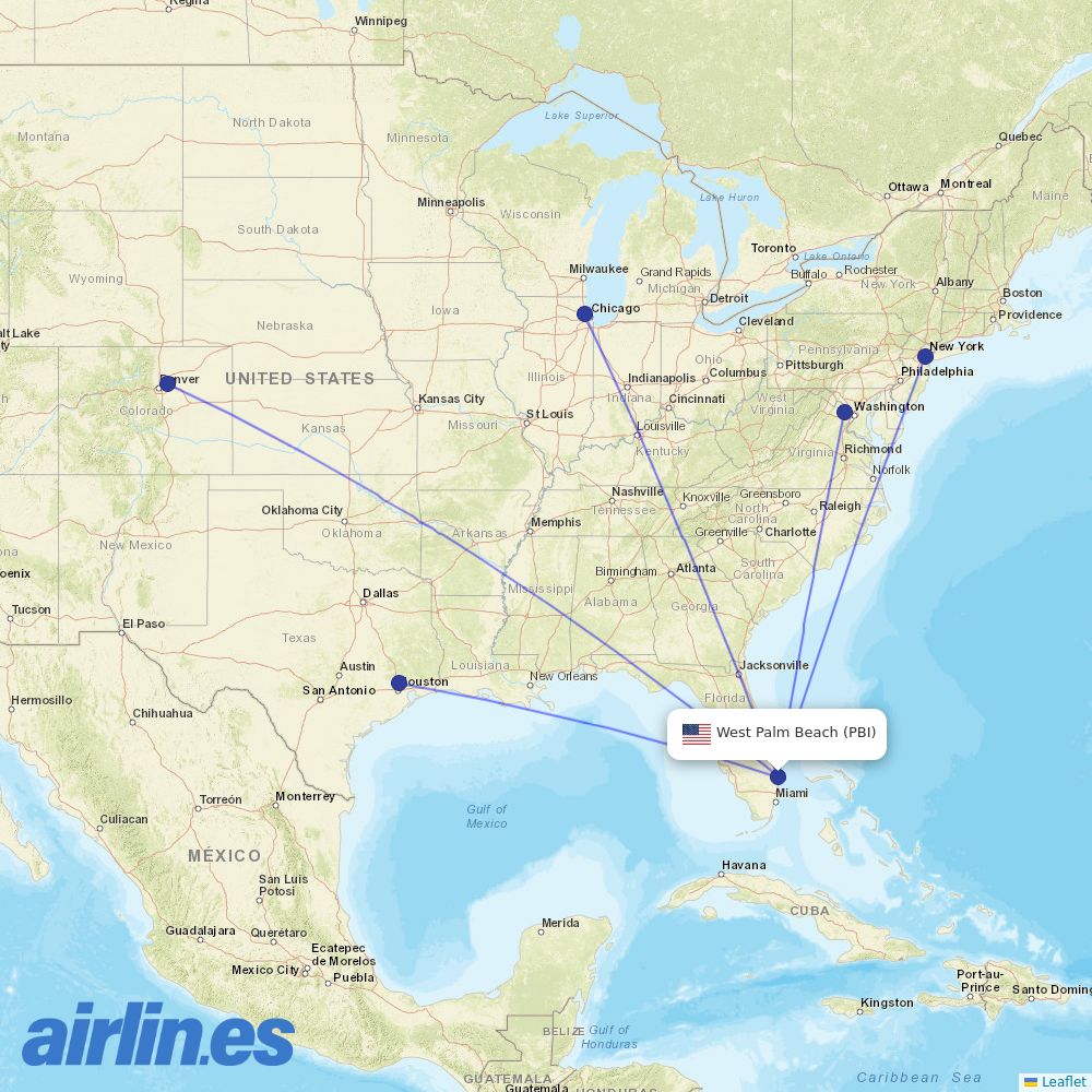 United Airlines from Palm Beach International destination map
