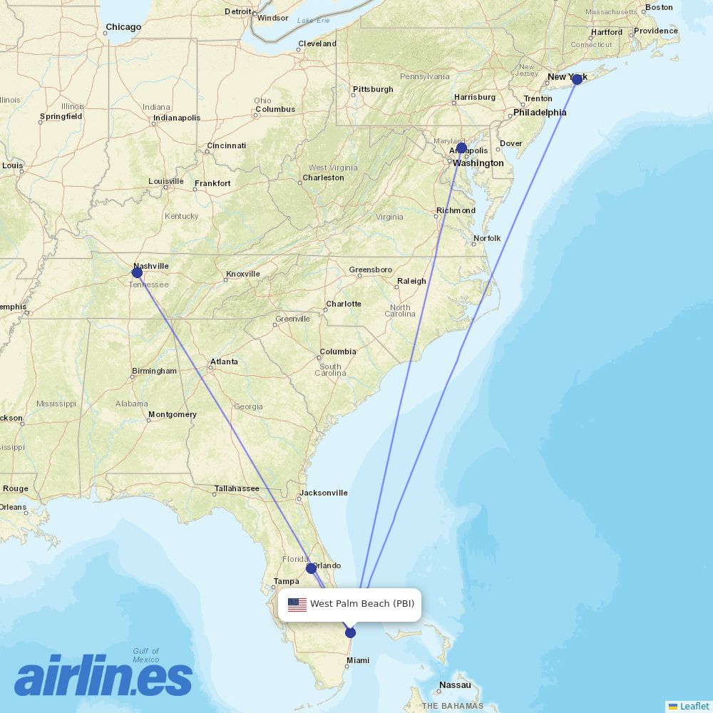 Southwest Airlines from Palm Beach International destination map