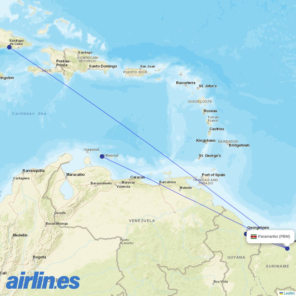 Fly All Ways from Johan A Pengel International destination map