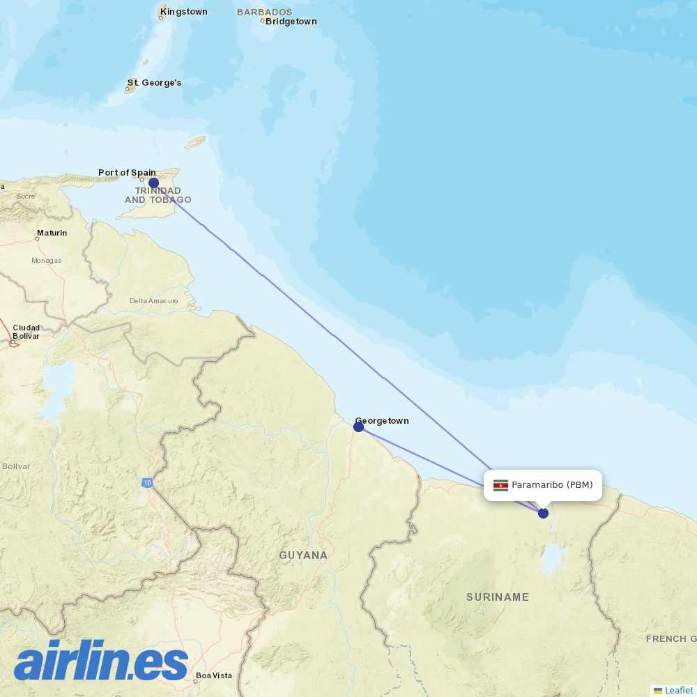 Caribbean Airlines from Johan A Pengel International destination map