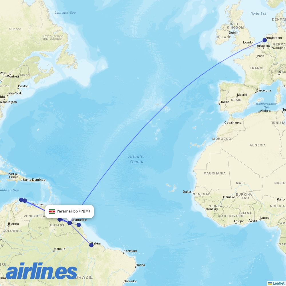 Surinam Airways from Johan A Pengel International destination map