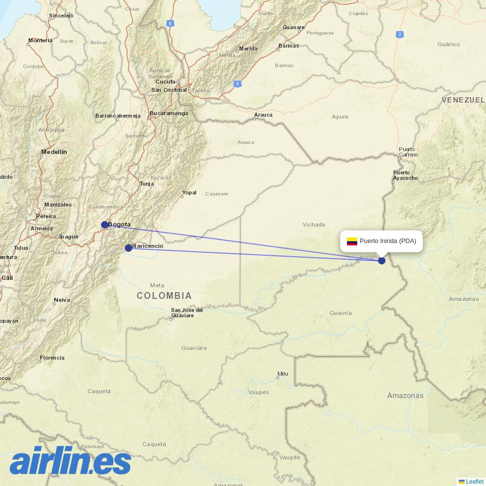SATENA from Puerto Inirida Airport destination map