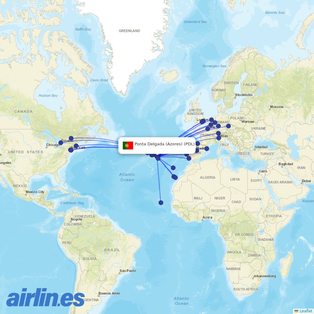 Binter Canarias from Ponta Delgada destination map