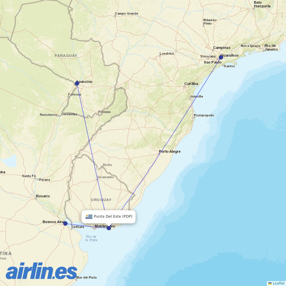 Aerolineas Argentinas from El Jaguel International destination map
