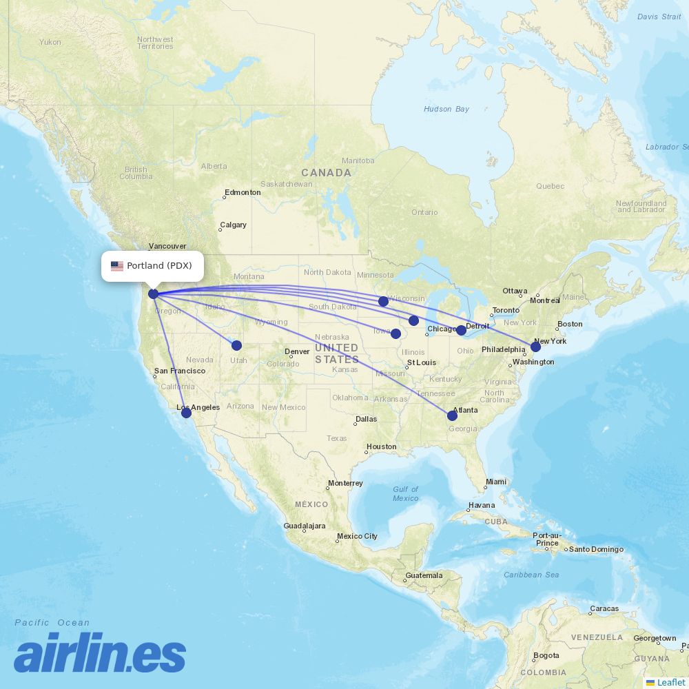 Delta Air Lines from Portland International destination map